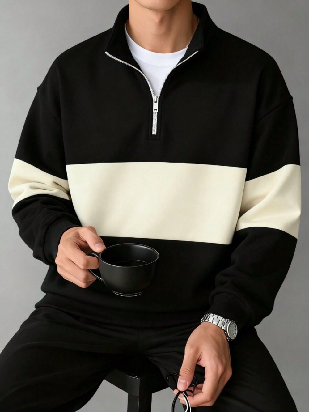 Black Casual Men's Collegiate Style Half-Zip Long Sleeve Sweatshirt